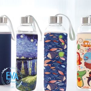 Combo 2 Bình Nước Thuỷ Tinh Có Vỏ Bọc Vải Giữ Nhiệt Và Nắp Dây Xách 500 Ml M3510