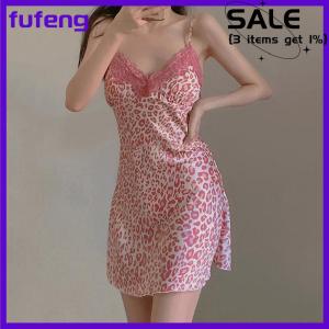 fufeng Lace Womens Nightdress Girl Leopard Print Sleepwear Silk Pijama Sling Nightwear Homewear