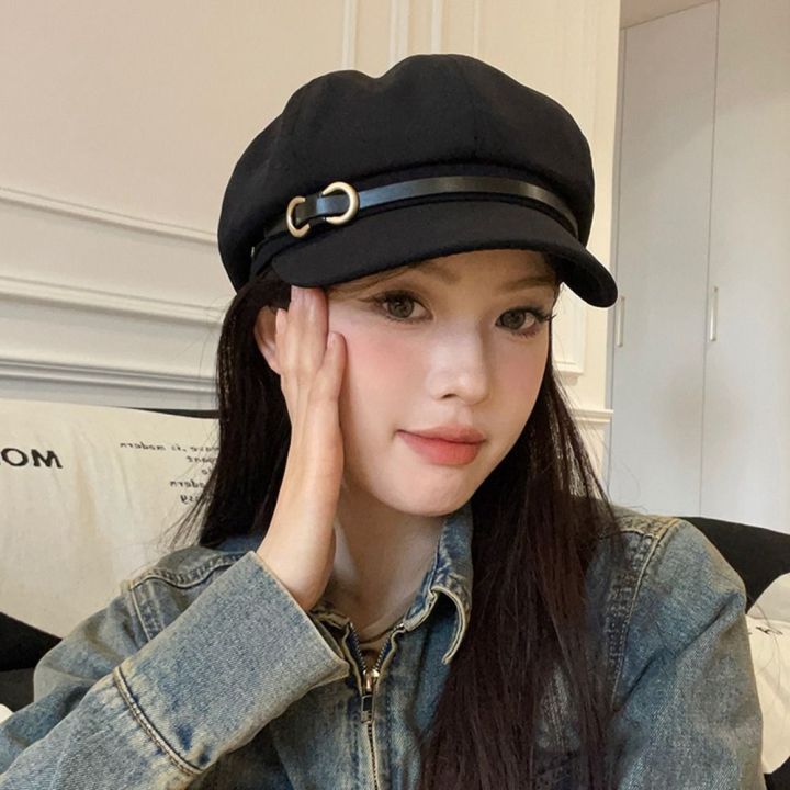 ALICE XU Leather Buckle Black Beret Korean Style Newsboy Cap Painter ...