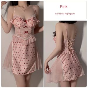Sweet Printed Pajamas Pure Desire Ice Silk Stitching Hollow Mesh Slip Nightdress Chest Pad Suit