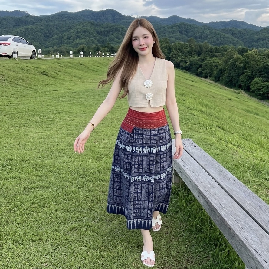 LANNA กระโปรงผ้าไทยทรงเอ ผ้าฝ้ายพิมพ์ลาย ใส่สบาย พรางพุง สวยทุกวัน มุมมองที่ 6
