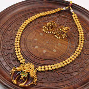 Premium Matte Gold New Lakshmi Ganesha Design Indian Choker Set Long Chain