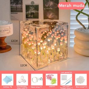 BETTIE DIY Tulip Lampu Malam Led Cermin Lampu Untuk Hadiah Ulang Tahun Pacar