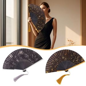 MINIFELE 262 Gold Silver Folded Fan 6inch with Tassel Chinese Retro Fan Portable Bamboo Frame Hand Hold Fan Gift