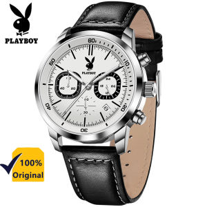 นาฬิกาเพลย์บอยสำหรับกันน้ำผู้ชายควอตซ์ปฏิทินเรืองแสง24ชั่วโมงแสดงเวลานาทีวินาทีนาฬิกากีฬาสายหนัง