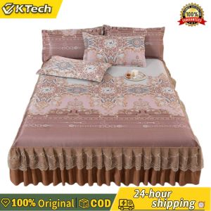 【Free Shipping】 Elegant 3-Piece Ice Silk Bedding Set with Ruffle Bed Skirt and Pillowcases Perfect for Wedding and Home Use Machine Washable