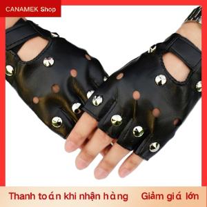 CS Găng tay da ngắn hở ngón Găng Tay Nửa Ngón đinh tán màu đen thời trang