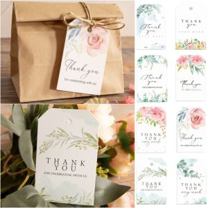 NOBLELYN 50PCS Watercolor Thank You Hanging Tags Green Leaves Pink Flower Decorative Labels Creative Paper Greeting Cards Gift Wrapping