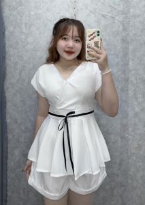 Set bộ bigsize nữ cổ chéo vạt vòe xếp ly tay hến quần đùi form chữ A chất cotton lạnh mát mẻ - SET68