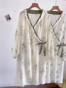 ชุดคลุมอาบน้ำผ้าฝ้ายบริสุทธิ์สำหรับผู้หญิงในฤดูใบไม้ผลิและฤดูใบไม้ร่วง ชุดนอนกิโมโนสไตล์ญี่ปุ่นแขนยาวผ้าฝ้ายเต็มตัว ชุดคลุมอาบน้ำบางสำหรับฤดูร้อน ชุดอบไอน้ำ
