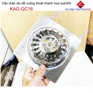 Cầu chắn rác đế vuông 15x15cm D90 KAG-QC16 Phễu thoát nước sân thượng SUS304 ống 9cm thoát nhanh chắn rác tốt