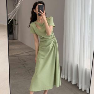 Summer Sweet Hollow French Womens Solid Color Dress Medium To Long Fashionable Slimming Skirt Ins Trendy