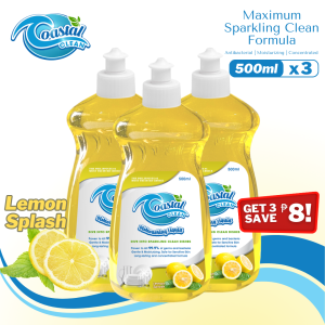 Coastal Clean Pack of 3 500ml Dishwashing Liquid Natural Lemon Degreaser Dish Soap with Moisturizer Antibacterial Kitchen