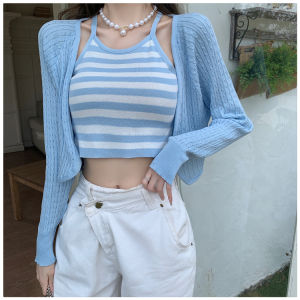 GAKKI เสื้อชุดสองชิ้น เสื้อกล้างสั้นลายทางกับเสื้อคลุมไหล่ชุดสองชิ้น 5927#