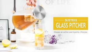 SUSTEAS 2.0 Liter 68oz Glass Pitcher with Lid Easy Clean Heat Resistant Glass Water Carafe with Handle for Hot/Cold Beverages - Water Cold Brew Iced Tea & Juice With 1 Long-Handled Brush Included