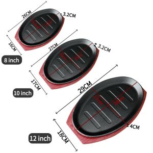 10 Inch Sizzling Plate Wooden Base Grill Plate Steak Plate Non Stick Cast Iron Kitchen Cooking Tools Cookware Roasting Grilling Oval Shape Tray