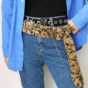 CUBBY Furry Leopard Print Plush Belt Jeans Decor Resin Buckle Plush Tassels Waistband Vintage Y2K Jazz Dance Costumes Accessory Ladies