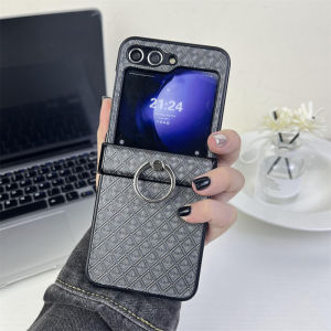 Luxury Ring Holder Rhombus Case for Samsung Galaxy Z Flip 6 5 4 3 Bracket Stand Lattice Shockproof Cover for Samsung ZFlip flip6