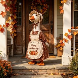 TUS Pumpkin Print Thanksgiving Porch Goose Dress Outfit Maple Leaf Ruffled Hat Porch Goose Clothing Durable Harvest Theme Goose Apron Suit Thanksgiving