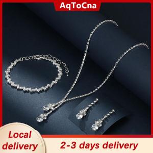 [COD] AqToCna Ship within 24 hours 3Pcs Fashionable Womens Jewelry Set With Zircon Earrings Necklaces Bracelets Wedding Decoration