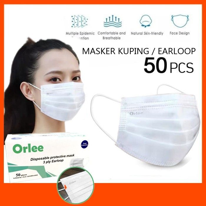 Masker 3 ply putih White Orlee Medis 3ply Earloop Kemenkes 3ply 50 ...