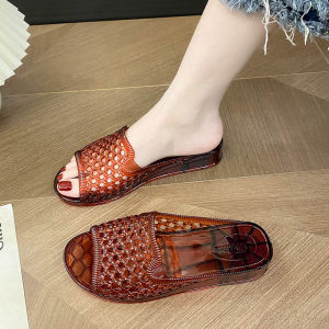 [Free Shipping] Korean-Style Beach Sandals For Women Summer Outdoor Hollow-Out Sandals Indoor Plastic Open-Toe Crystal Wedge Sandals Non-Slip