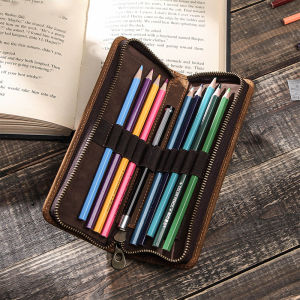 Genuine Cow Leather Zipper Pencil Bag Pen Bag Pen Pouch Retro Pencil Case School Office Stationery Bag