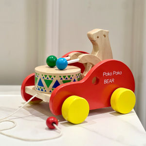 2025 Toddler Pulling and Tugging Baby Walking Wooden Early Education Toy Childrens Educational Beech Bear Drumming Pull Car