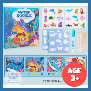 (Ocean Animals) Water Doodle Painting Book with Pen – Age 3+ Kid Children Reusable Water Coloring Drawing Book Mess-Free Toddler Educational Toy