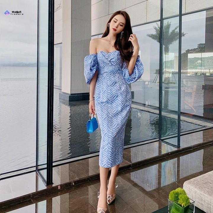 No profit Summer Women s Off Shoulder Dress Boat Collar Striped Puff Sleeves Backless Sexy Bodycon Blue Party Evening Dresses for Women Lazada PH