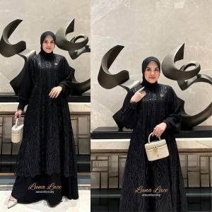 Lunna Lace Dress Gamis Mewah Elegan Kondangan Pesta Full Brokat Terbaru Tren 2025 Lebaran Ceruty Babydoll Maxy Premium Gamis Burgundy Mahogany Mewah Elegan Wanita Dewasa