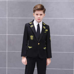 Children Suit 2026 Fashion Captain British Design Stage Performance Dress Flower Black Crown Coat for Boy