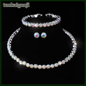 tuokaiguoji 3Pcs Womens Jewelry Set With Rhinestones Multi-layer Collars Necklace Earrings Bracelets Wedding Party Accessories