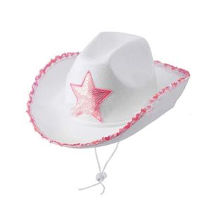 OLOPYN Mát Thời trang Sequin Dây Rút Windproof Ngôi Sao Màu Hồng Stetson Mũ cao bồi Hat Cowgirl Cô Gái Nắp