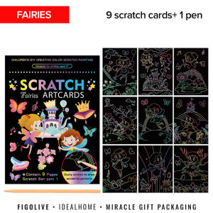 1 Pack 9 Designs Cartoon Scratch Book Rainbow Magic Color Kids Painting Paper Card Kit Kids Drawing Stick Kids DIY Toy Birthday Present Goodie Bag Christmas Gift