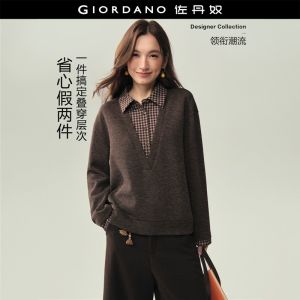 GIORDANO Women Sweaters Fake Two-Piece Gingham Collar Sweaters Half Placket Fashionable Casual Loose Sweaters 18356734