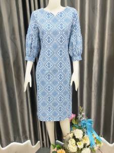 ชุดผ้าไทย ลายขิด แต่งแขนพองฟักทอง ซิปหลัง