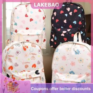 【LAKEBAO】 Dễ thương phim hoạt hình in gấu công suất lớn Ba lô bé trai cô gái phim hoạt hình in tim Kawaii vải schoolbag