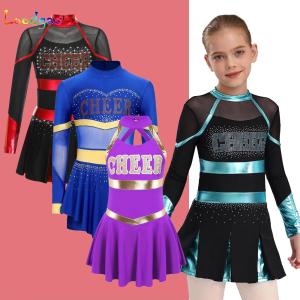 Kids Girls Cheerleader Pleated Dress Musical Cheerleading Uniform Halloween School Girls Costume Glittery Rhinestones Dresses2026