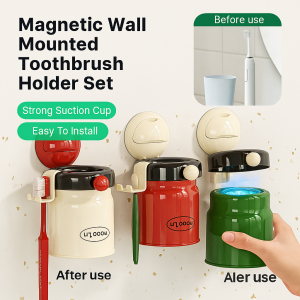 Toothbrush holder and toothbrush cup set wall-mounted bathroom toothbrush holder magnetic toothbrush cup set easy to take with suction cup