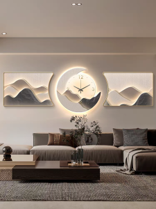 Living room wall art with clock creative dining table background wall clock three-panel painting