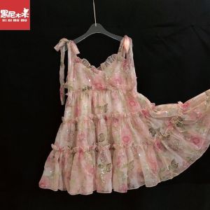 Girls Dress Summer 2024 New Little Girl Fragmented Flower Hanging Fashionable Childrens Lace Princess