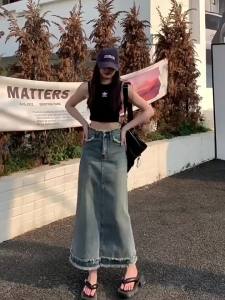 COD Rok Denim Tepian Bergerigis R Pinggang Tinggi Jenis Baru Musim Gugur dan Sejuk Wanita a Rok Sederhana Panjang Kelihatan Kurus Bentuk Badan Berbentuk Pir Sem