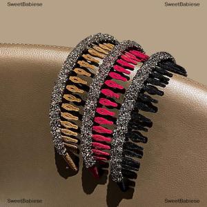[COD] SweetBabiese Fashion Flocking Acrylic Rhinestone Bezel Hair Hoops for Women Ladies Solid Color Toothed Non-Slip Headband Hair Band Hair Accessories