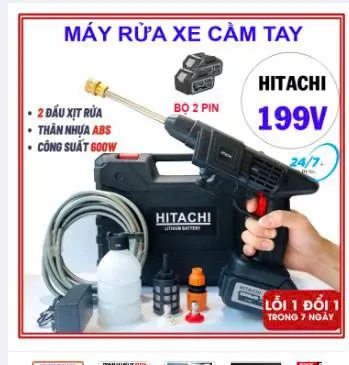Máy rửa xe cầm tay Hitachiii cao áp chạy bằng pin xả súng rửa xe dùng cho gia đình có chế độ phun xương tạo bọt cao cấp