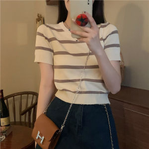 Malaysian delivery Striped Knitted Short-sleeved T-shirt Womens Summer Design Niche Slim Short Top