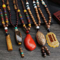 VBNFH Women Men Jewelry Nepal Buddhist Fish Pendant Wood Beads Long Necklace Necklace. 