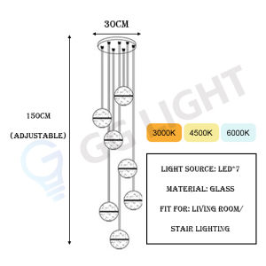 [Tricolor Changeable] Light Luxury Pendant Lamp Duplex Villa Staircase Chandelier Simple Restaurant Living Room Nordic Creative Glass Meteor Shower Crystal Ball Long Chandelier