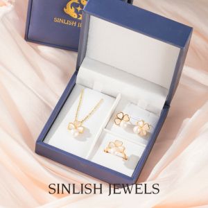 SINLISH Four-Leaf Clover Pearl Jewelry Set Freshwater Necklace Earrings & Ring 18K Gold Plated Korean Elegant Wedding
