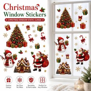 MODERNLUX 2Pcs/Set Thiết kế Ông già Noel và Người Tuyết Miếng dán cửa sổ Giáng sinh Tĩnh điện Họa tiết bông tuyết Decal dán cửa sổ hình bông tuyết PVC Miếng dán tĩnh điện trang trí cửa sổ Giáng sinh Trang trí tiệc Giáng sinh
